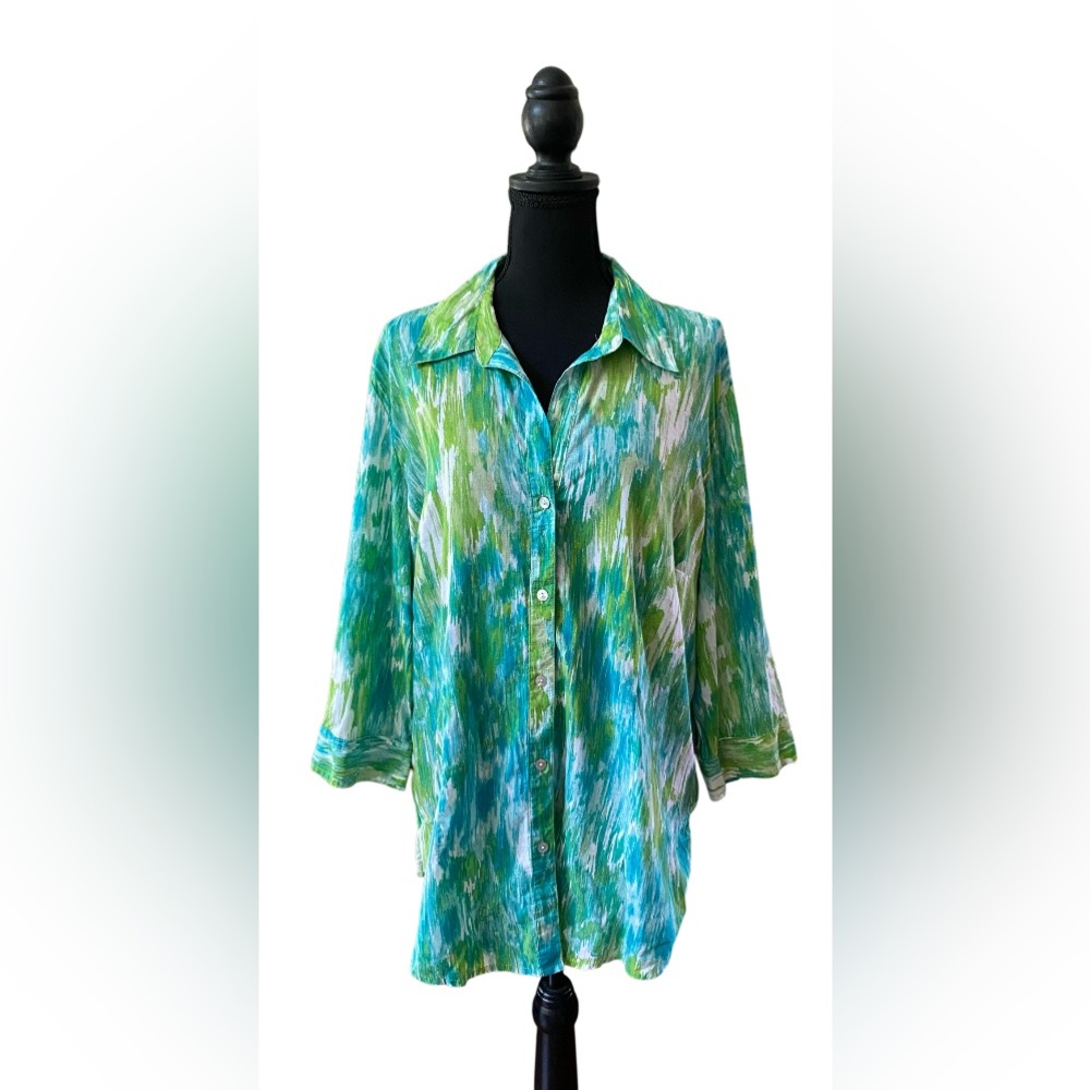 Additions by Chico’s: Blue and Green 3/4 Sleeve Button Down Shirt